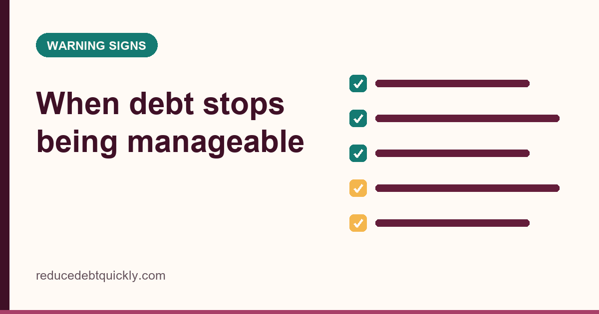 Illustrated card showing a checklist of warning signs that debt is unmanageable