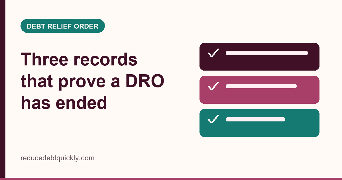 Illustrated card showing the three records that prove a debt relief order has ended