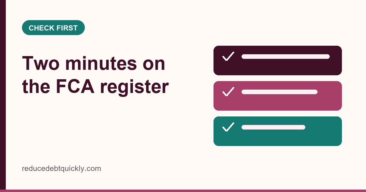 Illustrated card showing the steps for checking a debt firm on the FCA register