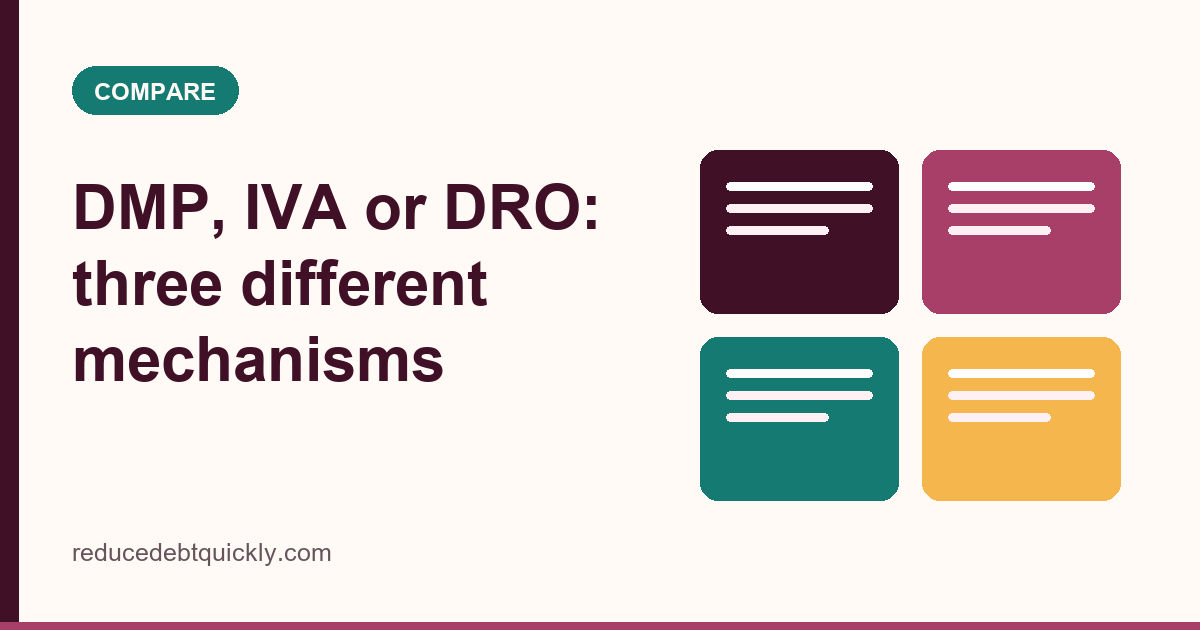 Illustrated card comparing a debt management plan, an IVA and a debt relief order
